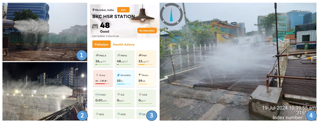 Figure 11: 1& 2: Mist Gun, 3: AQI monitoring on mobile, 4: Wheel Wash