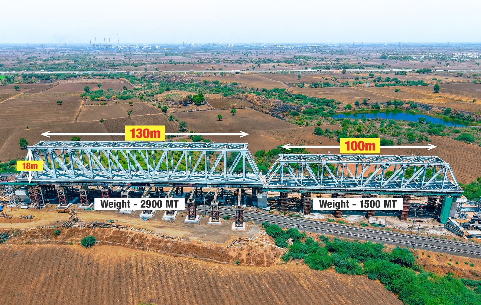 130 m long span of steel bridge launched over Indian railway tracks for Mumbai-Ahmedabad Bullet Train Project