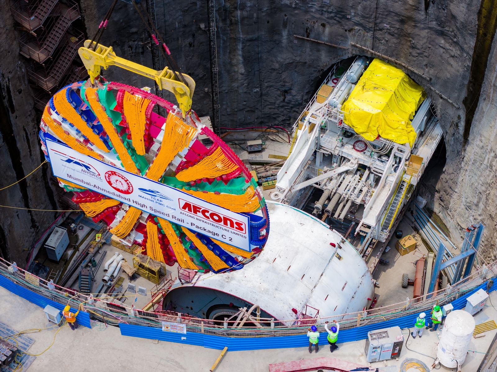 Cutterhead of the Second TBM lowered for the 21 km tunnel in Mumbai-Ahmedabad Bullet Train Project at Sawli (Ghansoli) near Mumbai (Maharashtra)