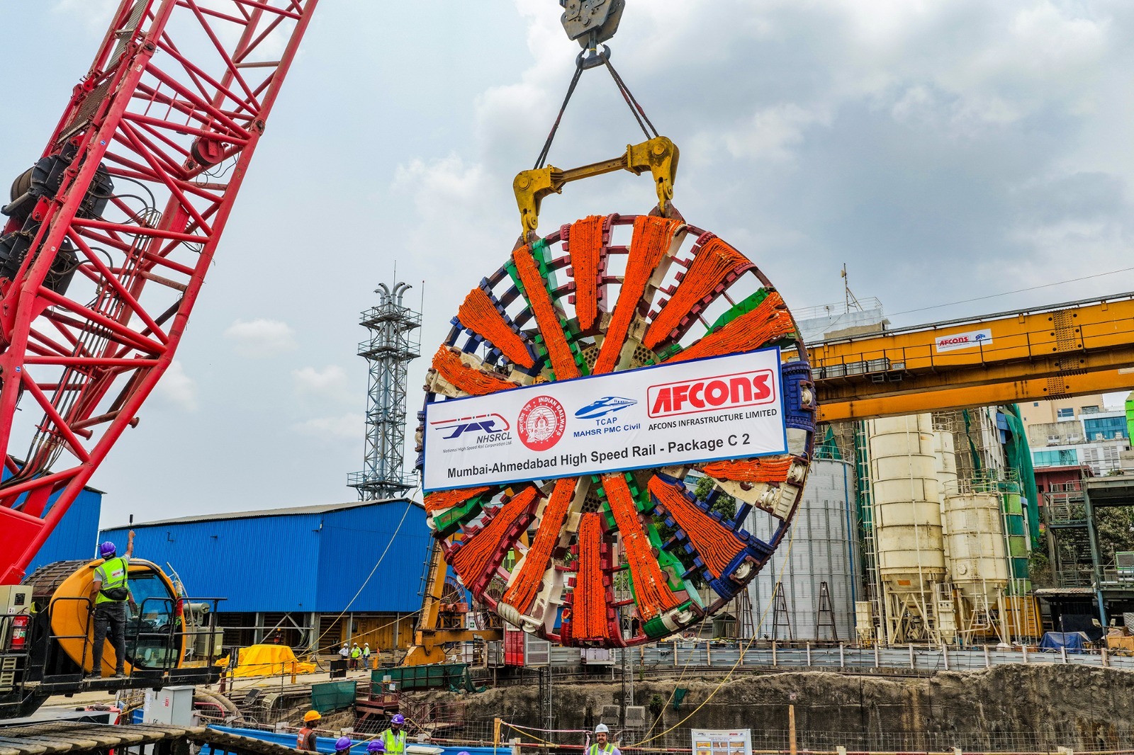 Cutterhead of the Second TBM lowered for the 21 km tunnel in Mumbai-Ahmedabad Bullet Train Project at Sawli (Ghansoli) near Mumbai (Maharashtra)