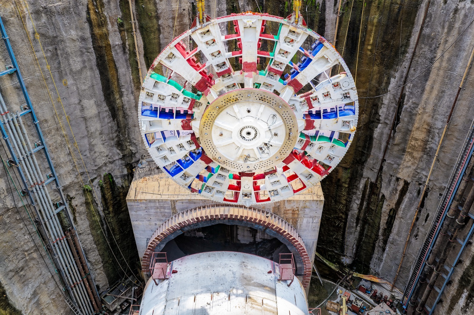 Cutterhead of the Second TBM lowered for the 21 km tunnel in Mumbai-Ahmedabad Bullet Train Project at Sawli (Ghansoli) near Mumbai (Maharashtra)