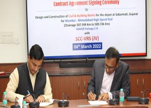  एनएचएसआरसीएल ने 4 मार्च 2022 को मुंबई-अहमदाबाद हाई स्पीड रेल कॉरिडोर (C8 पैकेज) के लिए साबरमती, गुजरात में डिपो के लिए सिविल और बिल्डिंग वर्क्स के डिजाइन और निर्माण के लिए SCC-VRS (JV) के साथ एक अनुबंध समझौते पर हस्ताक्षर किए