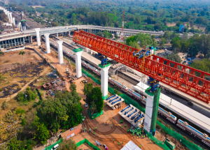 Bullet Train viaduct under construction through span by span method near Vadodara, Gujarat