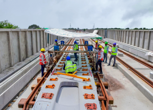 Track slab installation on the viaduct in Anand district is in progress for Mumbai-Ahmedabad Bullet Train project
