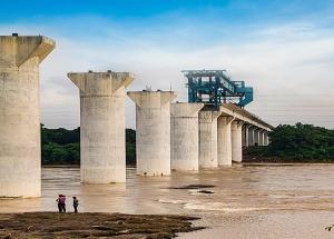 Under construction river bridge on Daman Ganga River, Valsad district for Mumbai-Ahmedabad Bullet Train corridor