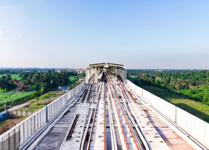 Track work is underway on the platform level at Surat Bullet Train Station