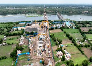 Bridge construction work and SBS casting yard near Mahi River in Anand district, Gujarat