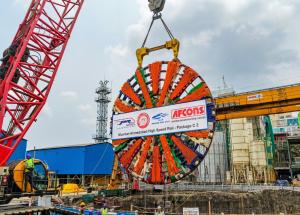 Cutterhead of the Second TBM lowered for the 21 km tunnel in Mumbai-Ahmedabad Bullet Train Project at Sawli (Ghansoli) near Mumbai (Maharashtra)